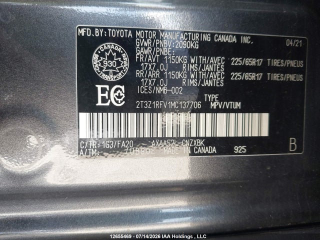 Aukcja sprzedaży 2021 Toyota Rav4 Le, vin: 2T3Z1RFV1MC137706, numer aukcji: 12655469