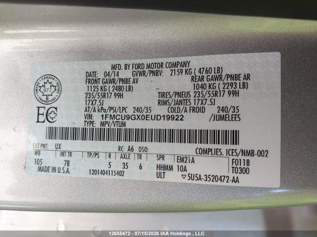 Продажа на аукционе авто 2014 Ford Escape Se, vin: 1FMCU9GX0EUD19922, номер лота: 12655472