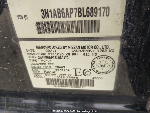 Продажа на аукционе авто 2011 Nissan Sentra 2.0/2.0s/sr/2.0sl, vin: 3N1AB6AP7BL689170, номер лота: 12655475