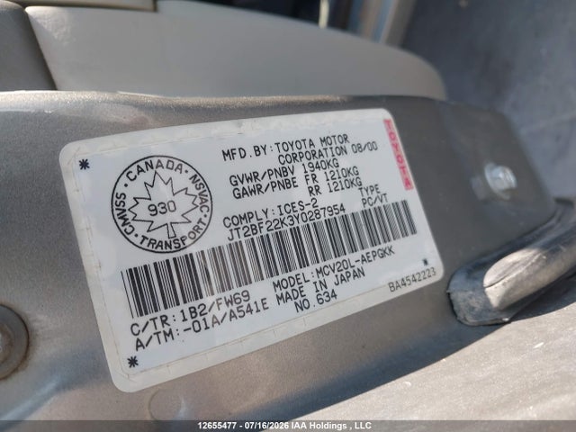 Aukcja sprzedaży 2000 Toyota Camry, vin: JT2BF22K3Y0287954, numer aukcji: 12655477