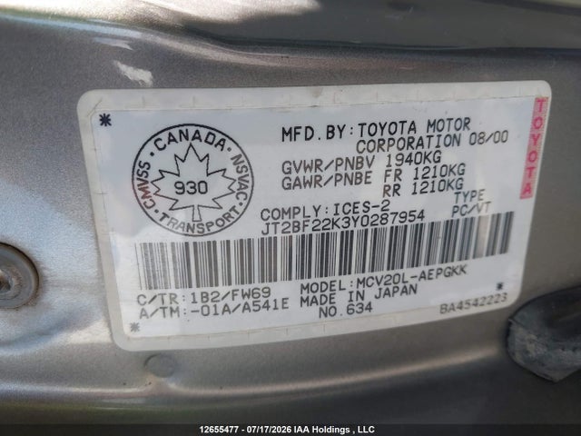 Aukcja sprzedaży 2000 Toyota Camry, vin: JT2BF22K3Y0287954, numer aukcji: 12655477