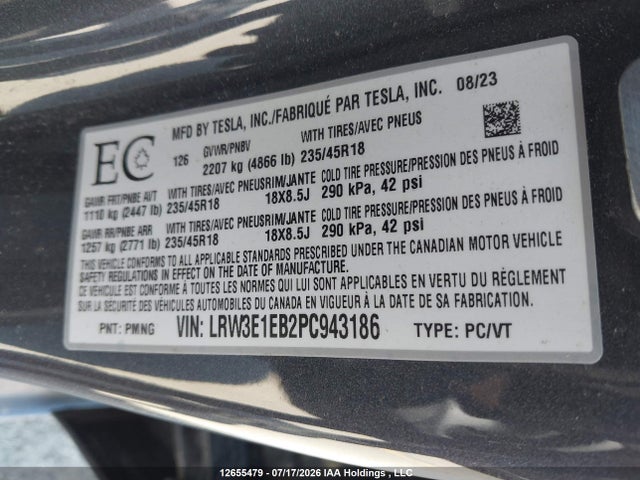 Aukcja sprzedaży 2023 Tesla Model 3, vin: LRW3E1EB2PC943186, numer aukcji: 12655479