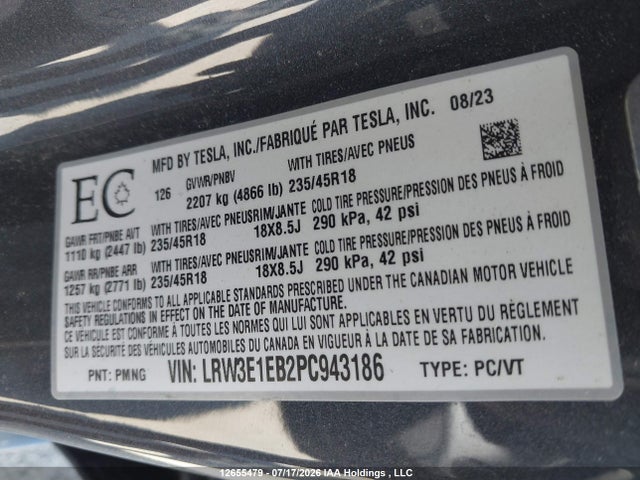 Aukcja sprzedaży 2023 Tesla Model 3, vin: LRW3E1EB2PC943186, numer aukcji: 12655479