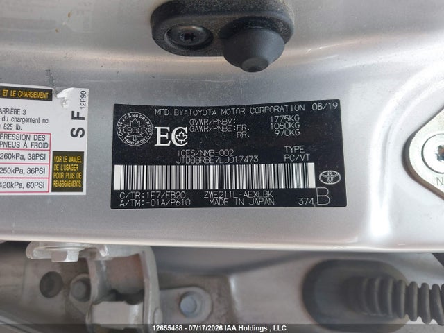 12655488 :رقم المزاد ، JTDBBRBE7LJ017473 vin ، 2020 Toyota Corolla Hybrid مزاد بيع
