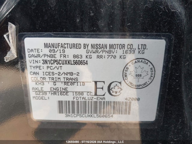 Продажа на аукционе авто 2019 Nissan Kicks S/sr/sv, vin: 3N1CP5CUXKL560654, номер лота: 12655490