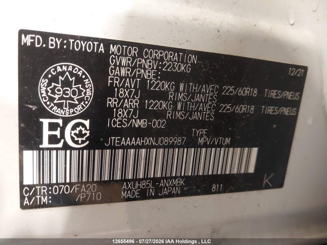 JTEAAAAHXNJ089987 Toyota Venza Le/xle/limited