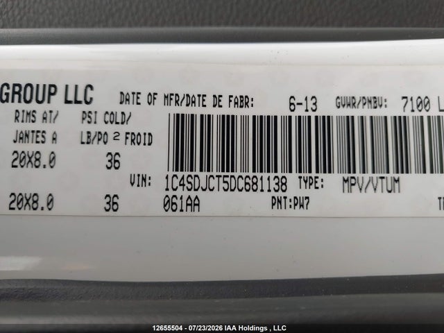 12655504 :رقم المزاد ، 1C4SDJCT5DC681138 vin ، 2013 Dodge Durango R/t مزاد بيع