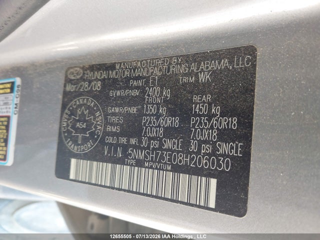 12655505 :رقم المزاد ، 5NMSH73E08H206030 vin ، 2008 Hyundai Santa Fe Se/limited مزاد بيع