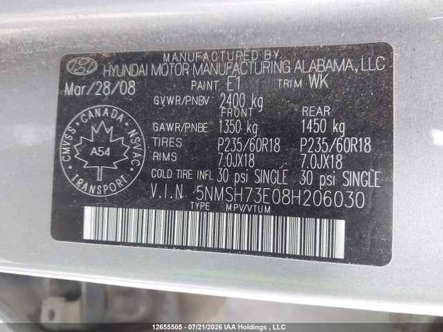 12655505 :رقم المزاد ، 5NMSH73E08H206030 vin ، 2008 Hyundai Santa Fe Se/limited مزاد بيع