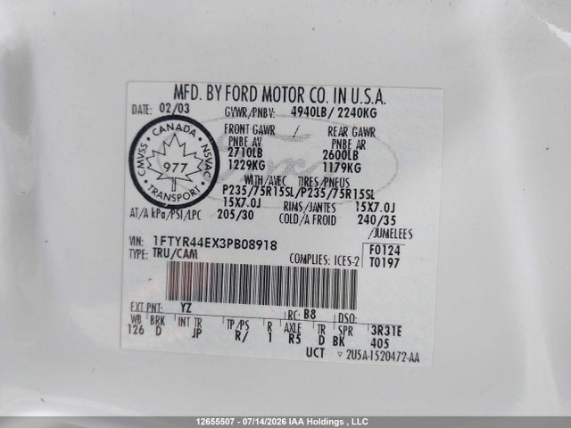 Продаж на аукціоні авто 2003 Ford Ranger Edge, vin: 1FTYR44EX3PB08918, номер лоту: 12655507