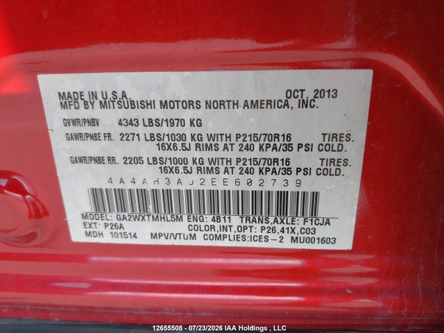 12655508 :رقم المزاد ، 4A4AH3AU2EE602739 vin ، 2014 Mitsubishi Rvr مزاد بيع