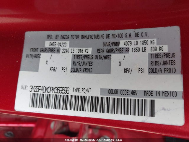 Aukcja sprzedaży 2023 Mazda 3 Premium, vin: 3MZBPADM0PM369596, numer aukcji: 12655510