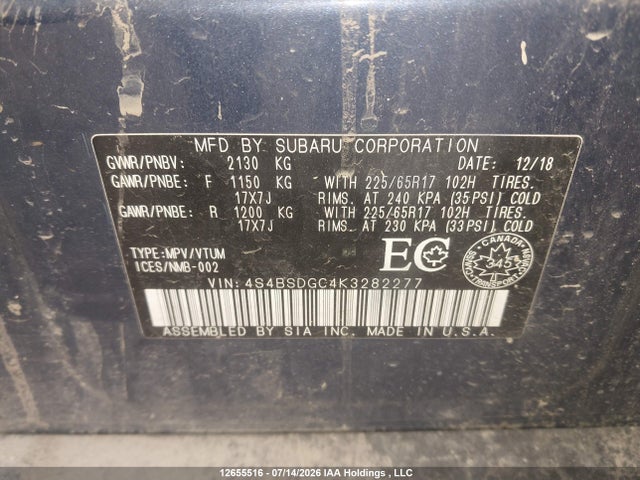 2019 Subaru Outback 2.5i Premium მანქანა იყიდება აუქციონზე, vin: 4S4BSDGC4K3282277, აუქციონის ნომერი: 12655516