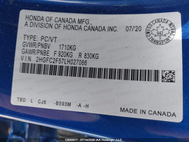 Honda Civic Lx 2020 2HGFC2F57LH027066 Image 19