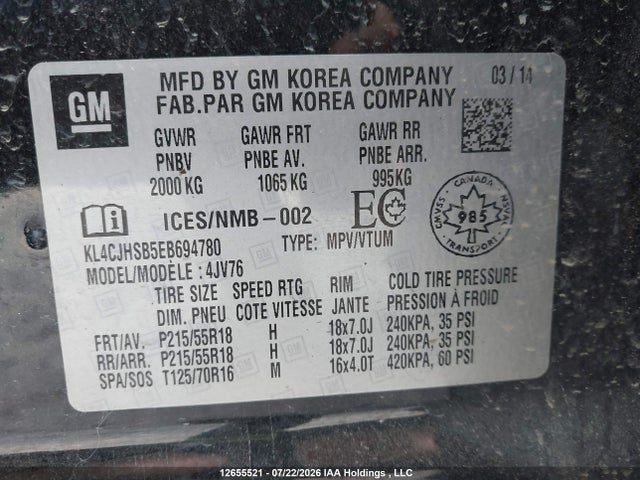 12655521 :رقم المزاد ، KL4CJHSB5EB694780 vin ، 2014 Buick Encore Premium مزاد بيع