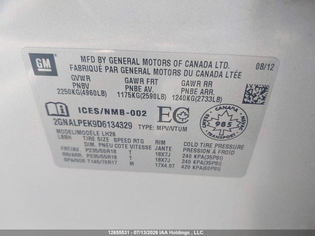 2013 Chevrolet Equinox მანქანა იყიდება აუქციონზე, vin: 2GNALPEK9D6134329, აუქციონის ნომერი: 12655531