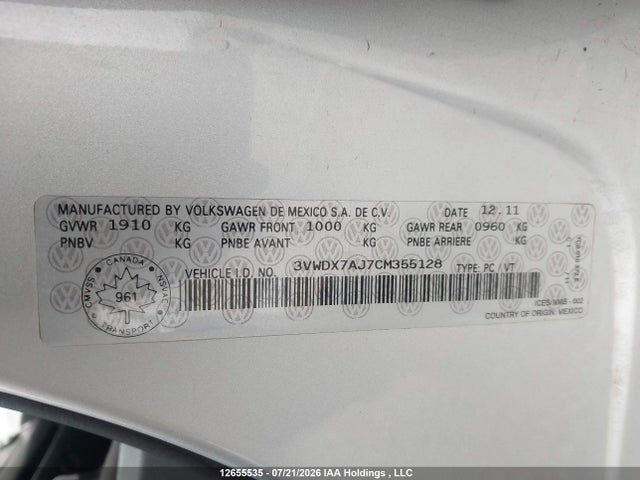 12655535 :رقم المزاد ، 3VWDX7AJ7CM355128 vin ، 2012 Volkswagen Jetta Se مزاد بيع