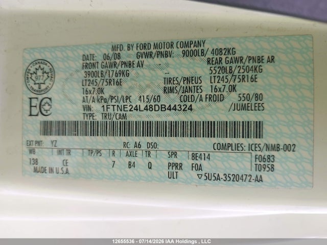Продаж на аукціоні авто 2008 Ford E-250 Commercial/recreational, vin: 1FTNE24L48DB44324, номер лоту: 12655536