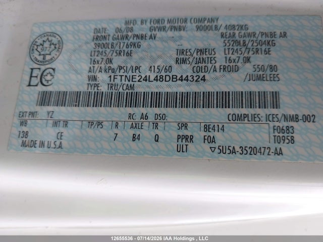 Продаж на аукціоні авто 2008 Ford E-250 Commercial/recreational, vin: 1FTNE24L48DB44324, номер лоту: 12655536