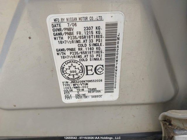 Продаж на аукціоні авто 2006 Nissan Murano Sl, vin: JN8AZ08W76W552026, номер лоту: 12655542