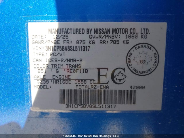 Aukcja sprzedaży 2025 Nissan Kicks Play S Cvt, vin: 3N1CP5BV8SL511317, numer aukcji: 12655545