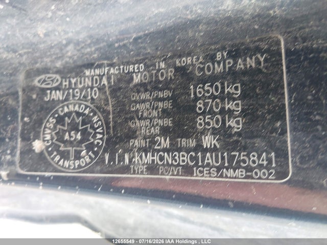 2010 Hyundai Accent Gl მანქანა იყიდება აუქციონზე, vin: KMHCN3BC1AU175841, აუქციონის ნომერი: 12655549