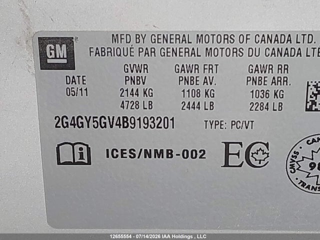 12655554 :رقم المزاد ، 2G4GY5GV4B9193201 vin ، 2011 Buick Regal Cxl مزاد بيع