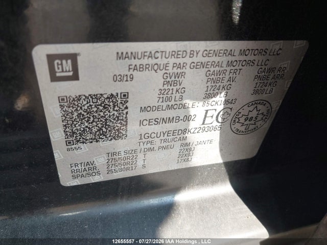 2019 Chevrolet Silverado 1500 Rst მანქანა იყიდება აუქციონზე, vin: 1GCUYEED8KZ293065, აუქციონის ნომერი: 12655557