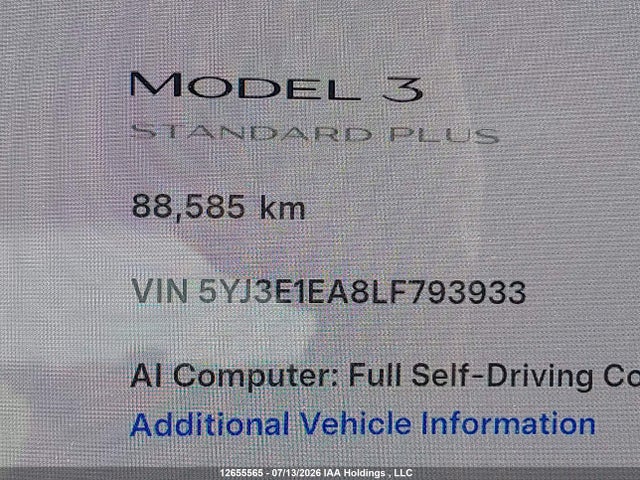 12655565 :رقم المزاد ، 5YJ3E1EA8LF793933 vin ، 2020 Tesla Model 3 مزاد بيع