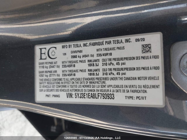 12655565 :رقم المزاد ، 5YJ3E1EA8LF793933 vin ، 2020 Tesla Model 3 مزاد بيع