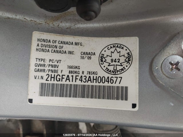 12655576 :رقم المزاد ، 2HGFA1F43AH004677 vin ، 2010 Honda Civic Dx-g مزاد بيع