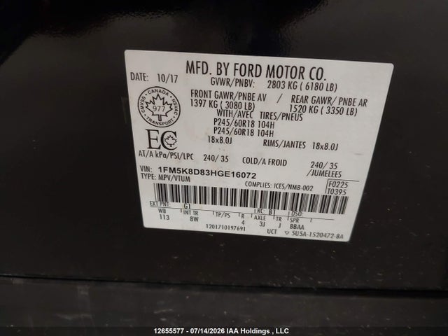 Auction sale of the 2017 Ford Explorer Xlt, vin: 1FM5K8D83HGE16072, lot number: 12655577