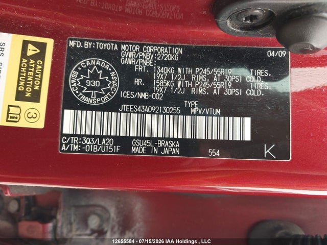 Aukcja sprzedaży 2009 Toyota Highlander Sport, vin: JTEES43A092130255, numer aukcji: 12655584