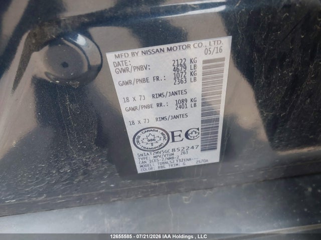 12655585 :رقم المزاد ، 5N1AT2MV5GC852247 vin ، 2016 Nissan Rogue S/sl/sv مزاد بيع