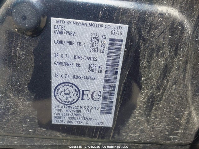 12655585 :رقم المزاد ، 5N1AT2MV5GC852247 vin ، 2016 Nissan Rogue S/sl/sv مزاد بيع