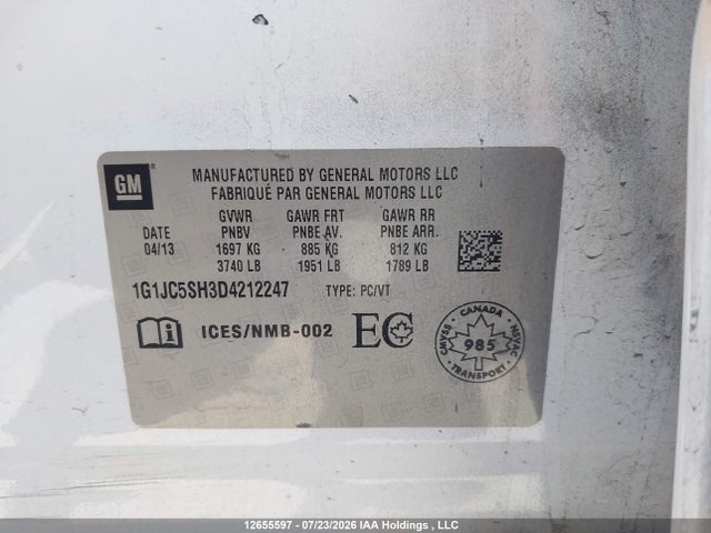 Aukcja sprzedaży 2013 Chevrolet Sonic Lt Auto, vin: 1G1JC5SH3D4212247, numer aukcji: 12655597
