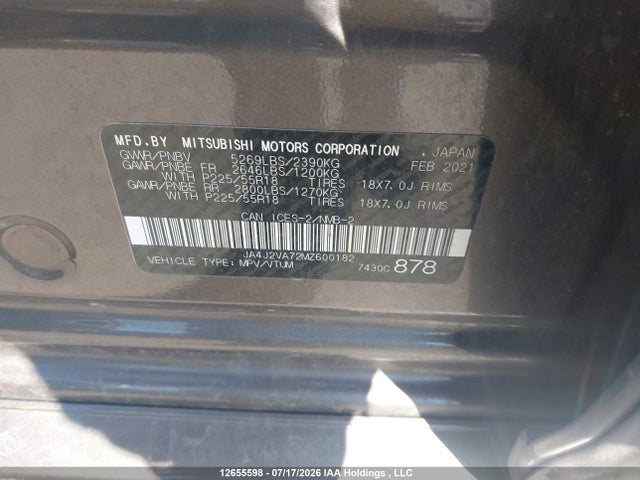 Продаж на аукціоні авто 2021 Mitsubishi Outlander Fe/sel/le/gt, vin: JA4J2VA72MZ600182, номер лоту: 12655598
