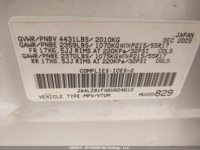 Aukcja sprzedaży 2006 Mitsubishi Outlander, vin: JA4LZ81FX6U604610, numer aukcji: 12655610