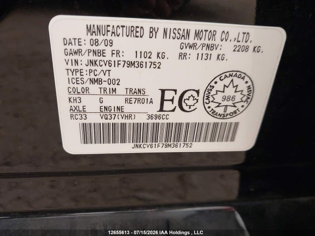 12655613 :رقم المزاد ، JNKCV61F79M361752 vin ، 2009 Infiniti G37 X مزاد بيع