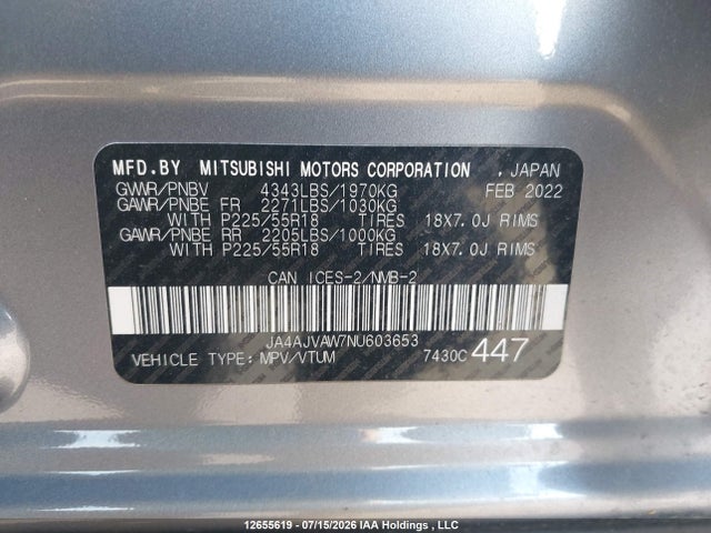 2022 Mitsubishi Rvr Gt/le/se/sel მანქანა იყიდება აუქციონზე, vin: JA4AJVAW7NU603653, აუქციონის ნომერი: 12655619