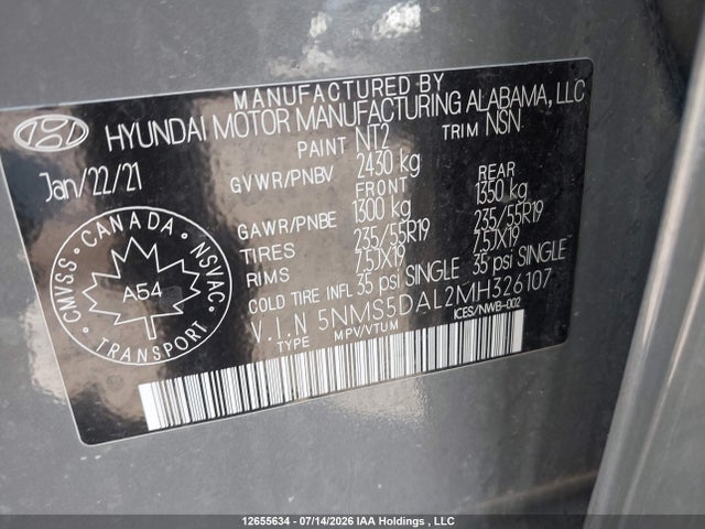 5NMS5DAL2MH326107 Hyundai Santa Fe Calligraphy