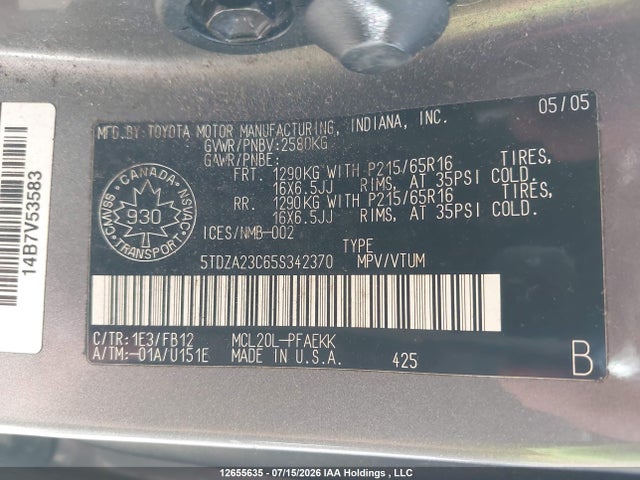Продаж на аукціоні авто 2005 Toyota Sienna, vin: 5TDZA23C65S342370, номер лоту: 12655635