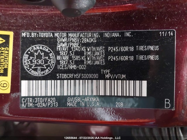 5TDBCRFH5FS009090 Toyota Highlander Hybrid Le