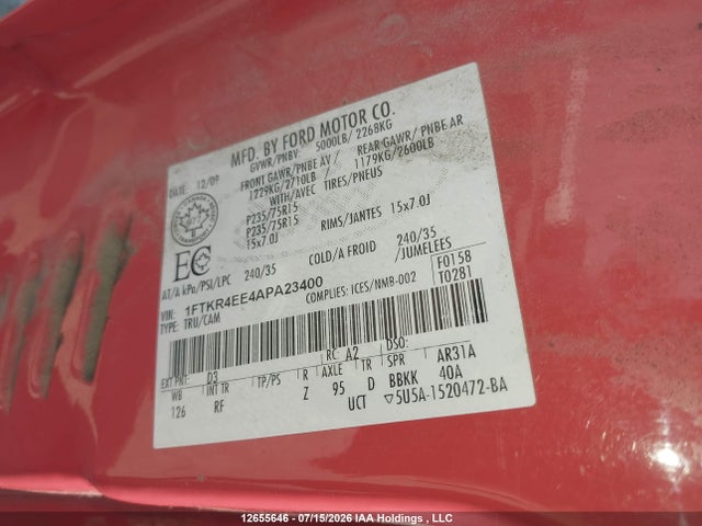 Auction sale of the 2010 Ford Ranger Super Cab, vin: 1FTKR4EE4APA23400, lot number: 12655646