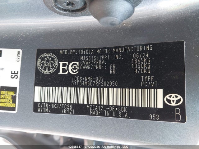 5YFB4MBE7RP202950 Toyota Corolla Se/xse
