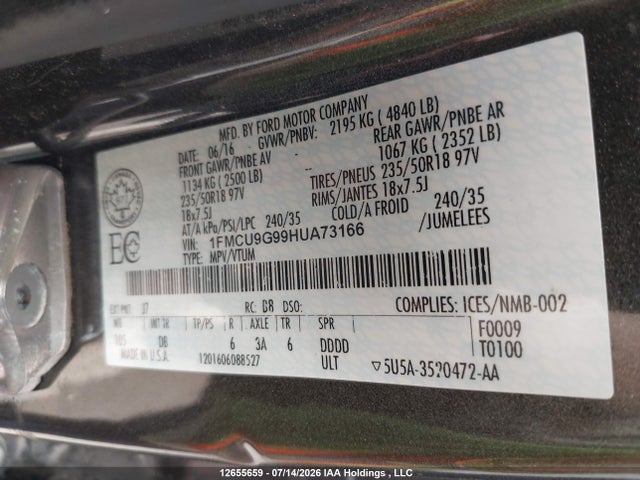 Ford ESCAPE SE 2017 1FMCU9G99HUA73166 Image 9