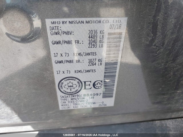Aukcja sprzedaży 2016 Nissan Rogue S/sl/sv, vin: 5N1AT2MT9GC884097, numer aukcji: 12655661