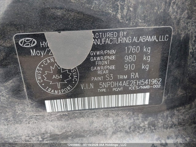 12655693 :رقم المزاد ، 5NPDH4AE2EH541962 vin ، 2014 Hyundai Elantra Se/sport/limited مزاد بيع