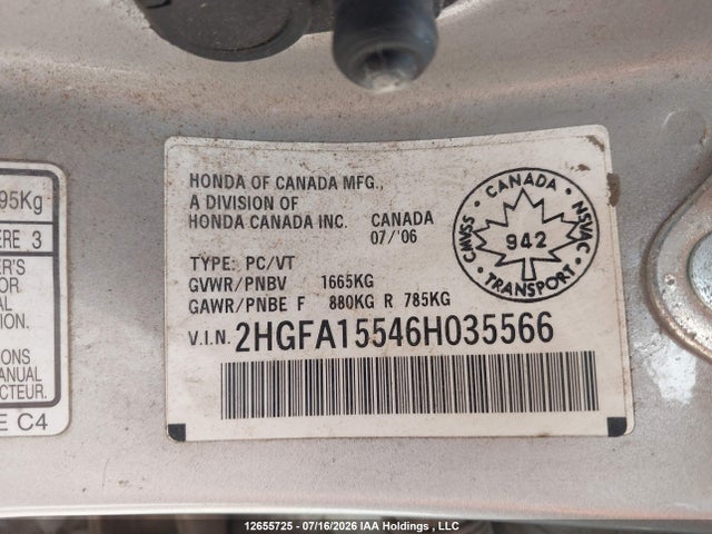 2006 Honda Civic Lx მანქანა იყიდება აუქციონზე, vin: 2HGFA15546H035566, აუქციონის ნომერი: 12655725
