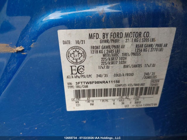 2022 Ford Maverick Xl/xlt/lariat მანქანა იყიდება აუქციონზე, vin: 3FTTW8F98NRA11156, აუქციონის ნომერი: 12655734